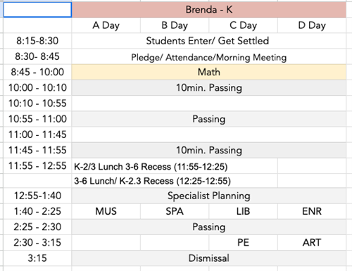 Ms. Brenda's Schedule